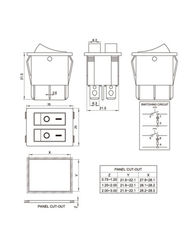Switch Balancin Doble 6 Pin 20A, 31x25mm con Piloto