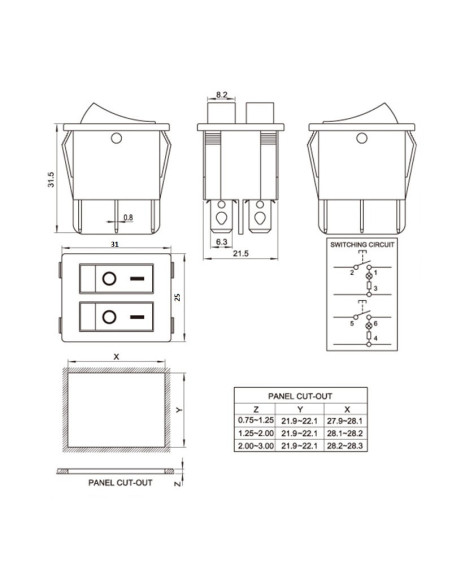 Switch Balancin Doble 6 Pin 20A, 31x25mm con Piloto