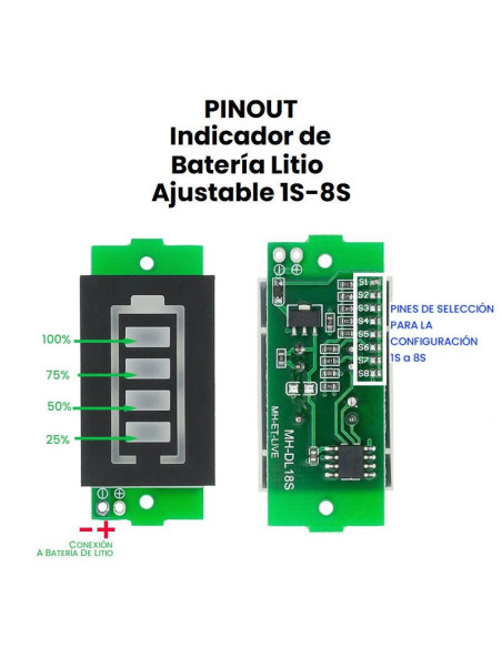 Modulo Indicador de Carga 1s~8s,  Baterías litio, lipo, li-ion