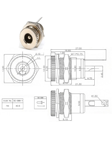 Conector Chasis Jack Hembra 5.5x2.1mm con Rosca