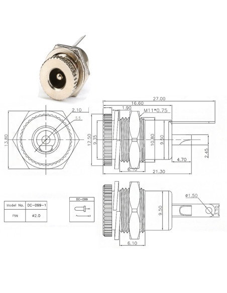 Conector Chasis Jack Hembra 5.5x2.1mm con Rosca