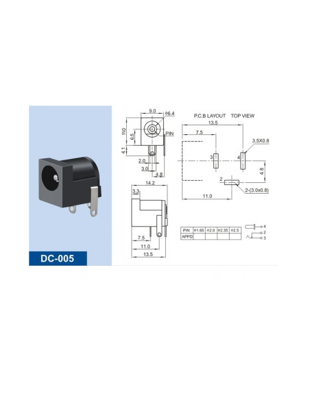 Conector Jack DC005 Hembra para PCB