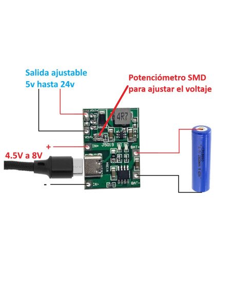 Módulo J5019 Cargador y Convertidor Step-Up Boost  variable hasta 24V